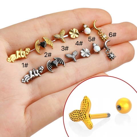 316L Stainless Steel Zirconia Piercing Stud Earrings Artificial Opal Fashion Wing Fish Tail Star Moon Cartilage Jewelry