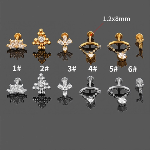 316L Stainless Steel Internal Thread Zirconia Labret Stud Earrings Crown Flower Ear Cartilage Tragus Piercing Jewelry