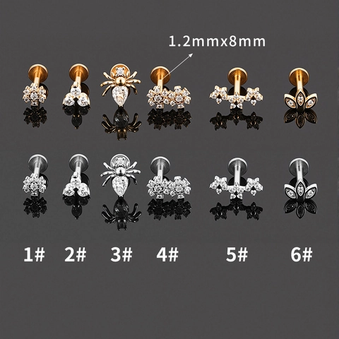 316L Stainless Steel Internally Threaded Labret Stud Earring Copper Zirconia Inlaid Spider Flower Flat Back Piercing Jewelry