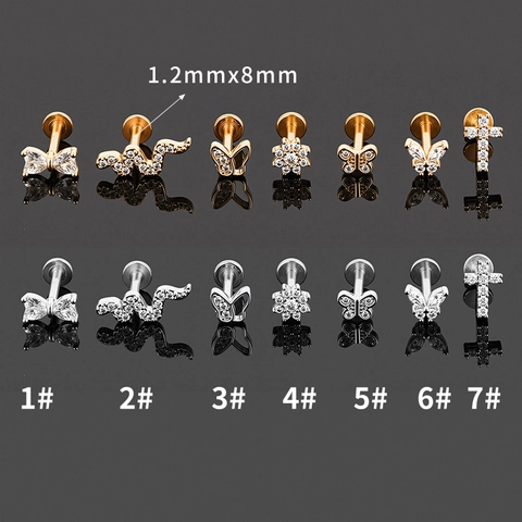 Stainless Steel Zircon Inlaid Labret Stud Piercing Jewelry Butterfly Snake Cross Design Ear Cartilage Bone Stud Earring