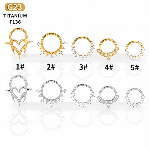 G23 Titanium Zirconia Septum Nose Ring Clicker Round Heart Spike Hoop Earrings Piercing Jewelry For Women Men Gold Silver