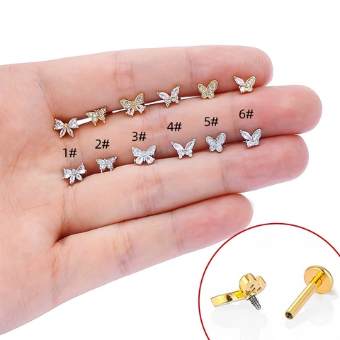 Piercing de Labio de Mariposa Poste de Acero Inoxidable 316L Cobre Zirconia Pendiente de Cartílago Labret Rosca Interna