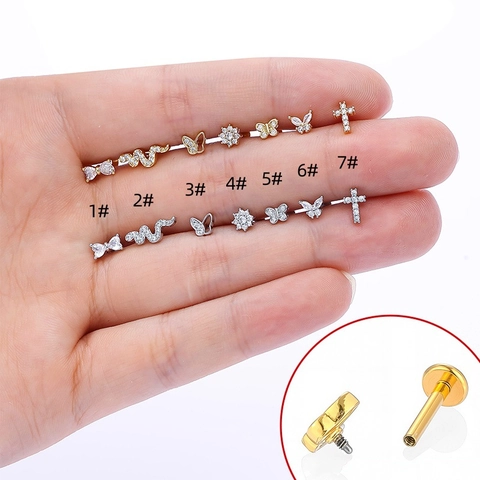 Stainless Steel Zircon Inlaid Labret Stud Piercing Jewelry Butterfly Snake Cross Design Ear Cartilage Bone Stud Earring