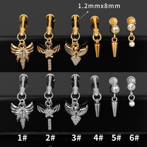 Stainless Steel Internal Thread Lip Ring Angel Wing Cone Pendant Labret Stud Piercing Jewelry Zirconia Body Jewelry