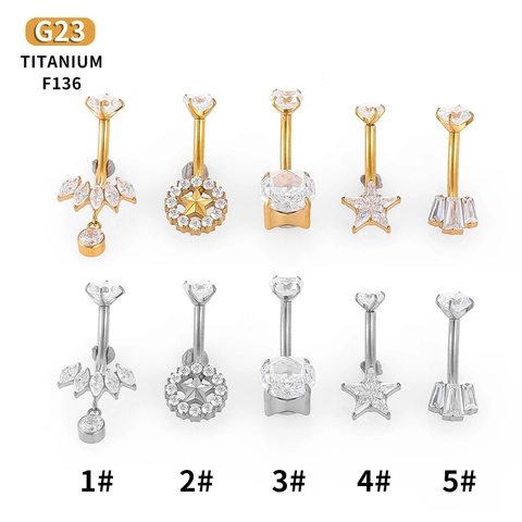 Piercing De Nombril En Titane G23 Incrusté De Zircone Cubique Bijoux De Corps Or Argent Étoile Couronne Pour Femmes