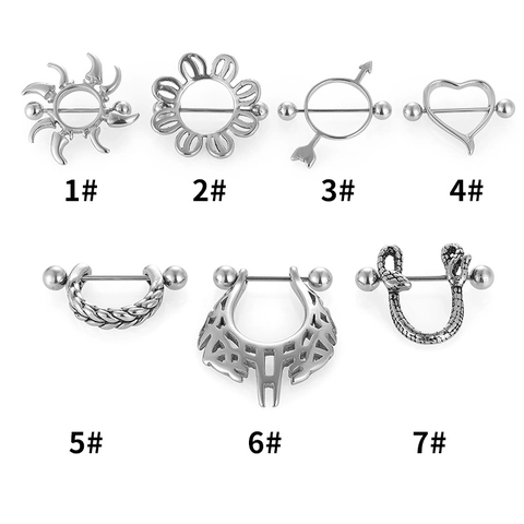 316L Stainless Steel Nipple Ring Sun Heart Snake Flower Shield Body Piercing Jewelry 16G Gauge Barbell For Men Women Silver