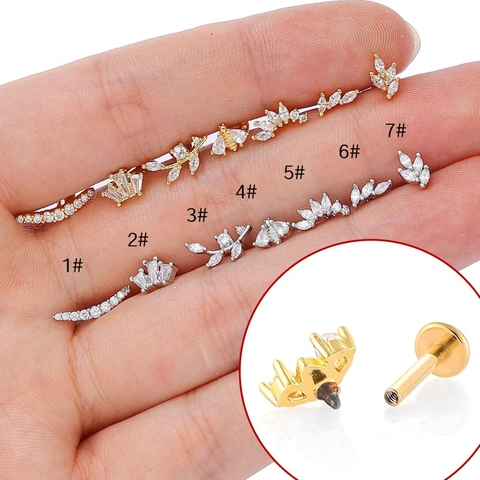 Piercing de Lèvre Labret Filetage Interne Acier Inoxydable Cuivre Zircon Couronne Abeille Stud de Cartilage Femme Homme Bijoux