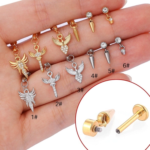Stainless Steel Internal Thread Lip Ring Angel Wing Cone Pendant Labret Stud Piercing Jewelry Zirconia Body Jewelry