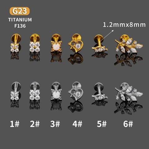 G23 Lega di Titanio Zirconia Filettatura Interna Base Piatta Borchia Orecchio Cartilagine Piercing Labbro Cuore Foglia Fiore
