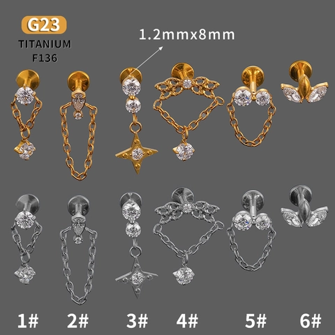 G23 Titanium F136 Lip Stud Earring Internal Thread Piercing Jewelry With Zirconia Flower Chain Pendant Labret Studs