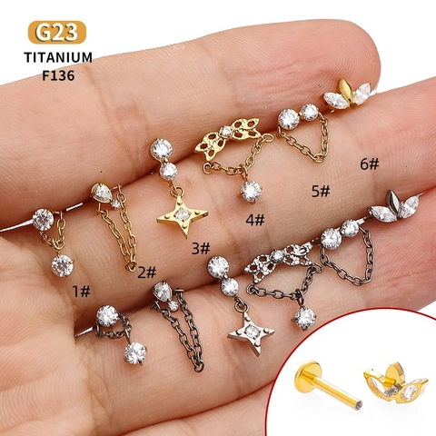G23 Titanium F136 Lip Stud Earring Internal Thread Piercing Jewelry With Zirconia Flower Chain Pendant Labret Studs