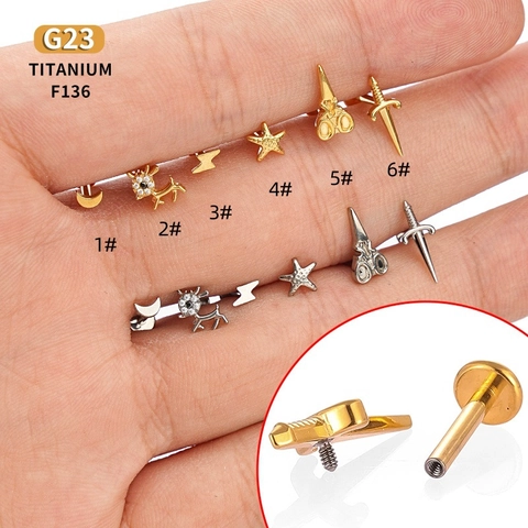 Orecchini Labret in Titanio G23 F136 Luna Stella Fulmine Pugnale Forbici Gioielli per Piercing per Cartilagine Trago Labbro