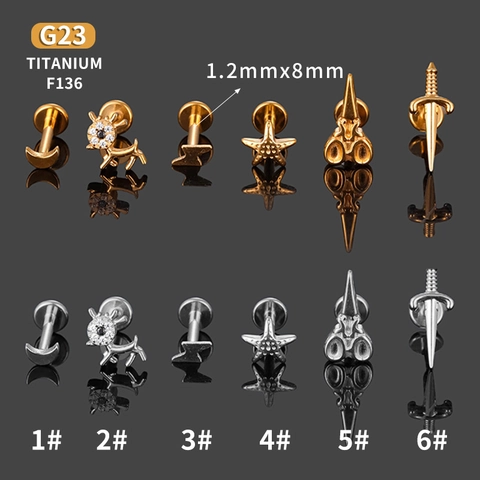 Orecchini Labret in Titanio G23 F136 Luna Stella Fulmine Pugnale Forbici Gioielli per Piercing per Cartilagine Trago Labbro