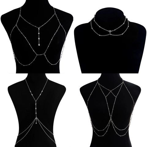 Sexy Rhinestone Tassel Bikini Body Chain For Women Beach Party Alloy Layered Waist Chain Gold Silver Chest Chain Jewelry