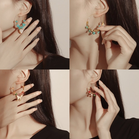 Bohemian Oversized Hoop Earrings For Women Ethnic Hollow Colorful Stone Artificial Pearl Butterfly Heart Dangle Earrings