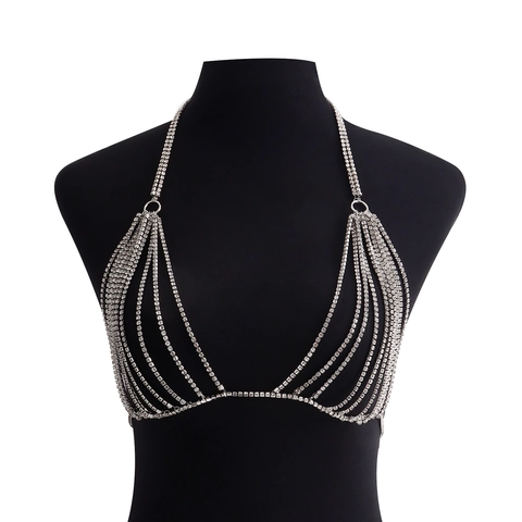Sexy Cadena de Cuerpo Multicapa con Borla de Strass para Mujer Aleación Plata Cadena de Pecho Joyería de Fiesta