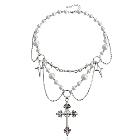 Gothic Punk Multi-Layer Imitation Pearl Cross Pendant Necklace For Women Alloy Star Tassel Y2K Vintage Jewelry Gift