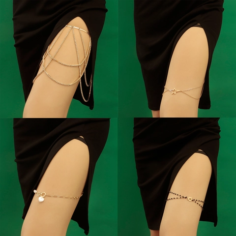 Alloy Artificial Pearl Rhinestone Leg Chain Women Elastic Thigh Chain Body Jewelry Heart Star Flower Pendant Accessory