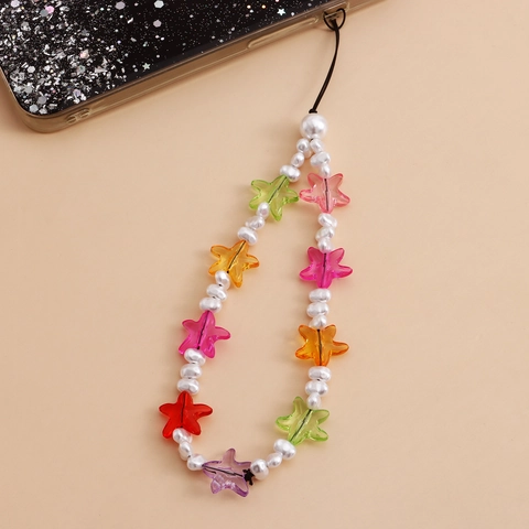 Bunte Stern Geperlt Handy-Lanyard Mit Künstliche Perle Süße Acryl Stern Anti-Verlust Handy Kette Band Für Damen