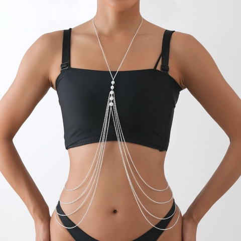 Sexy Multi Layer Artificial Pearl Body Chain For Women Alloy Tassel Chest Chain Nightclub Party Statement Waist Jewelry