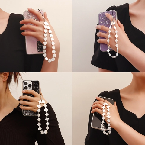 Cordón para Teléfono Minimalista de Concha de Nácar y Cuentas de Metal Colgante de Corazón Estrella Trébol Hecho a Mano para Mujer Joyería