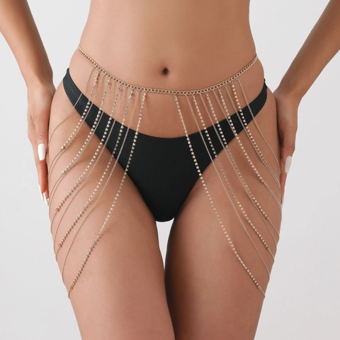 Moda Sexy Catena per il Corpo a Più Strati con Strass per Donna Oro Lega Nappa Catena da Vita Gioielli per il Corpo per Feste