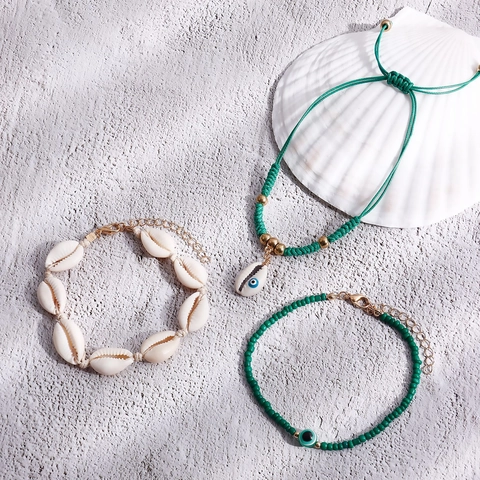 Bohemian Handmade Woven Shell Beads Anklets For Women Summer Beach Vacation Jewelry Evil Eye Shell Pendant Anklet Set