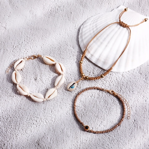 Bohemian Handmade Woven Shell Beads Anklets For Women Summer Beach Vacation Jewelry Evil Eye Shell Pendant Anklet Set