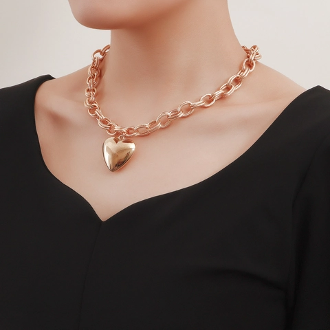 Chunky Chain Necklace Large Heart Pendant Alloy Electroplated Hip Hop Punk Style Women Jewelry Gold Silver Choker Necklace