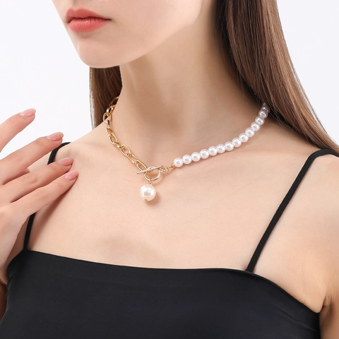 Women Fashion Alloy Artificial Pearl Stitching Necklace Gold Chain Retro OT Buckle Beaded Clavicle Chain Jewelry Decoration