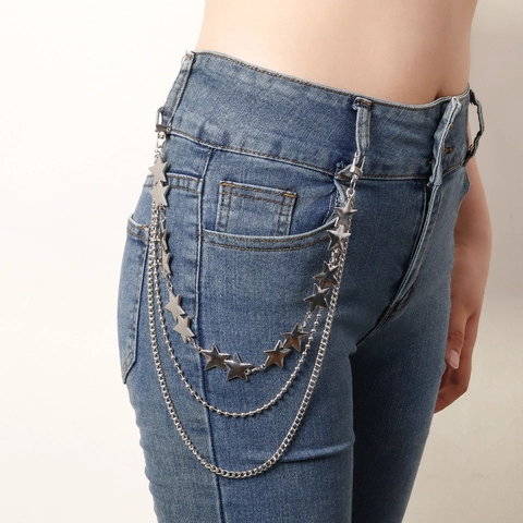 Catena da Pantaloni in Metallo Multistrato Vintage per Donna Ciondolo a Stella Tonalità Argento Cintura Punk per Jeans