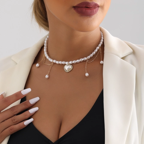 Franse Vintage Kunstparel Hart Kwastje Halsketting Voor Vrouwen Elegante Legering Strass Tassel Choker Party Sieraden Cadeau