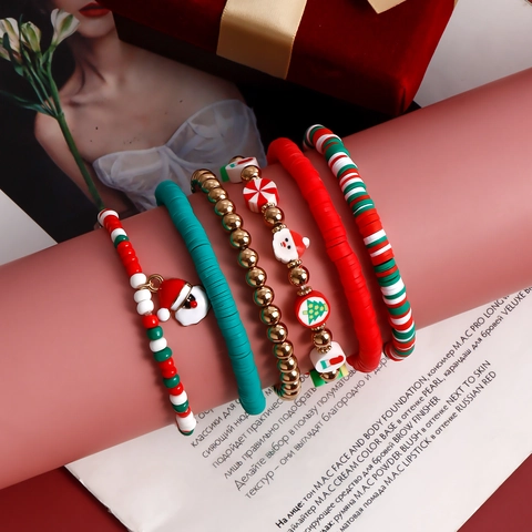 Christmas Polymer Clay Beaded Bracelets Santa Reindeer Charms Stackable Holiday Jewelry Collection For Women Girls Festive Party Accessories