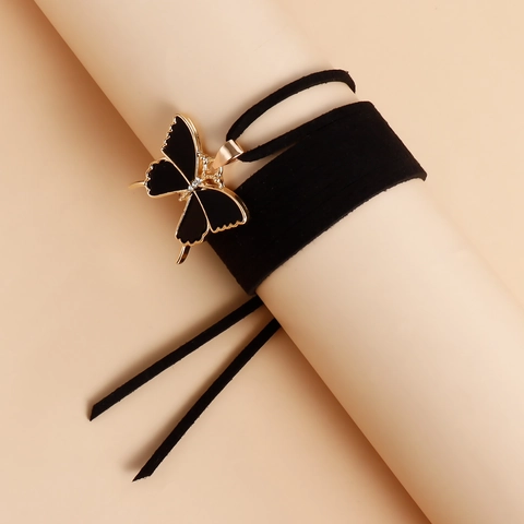 Collier Pendentif Papillon Réglable en Alliage Strass Cordon Velours Noir Choker pour Femme Bijoux de Mode Fête Rendez-vous