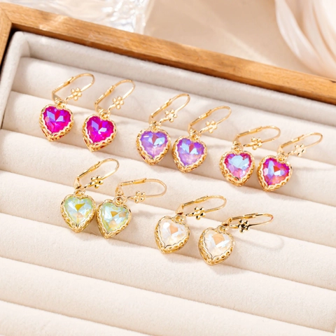 Copper Heart Rhinestone Pendant Earrings For Women Colorful Floral Leverback Earrings Elegant Exquisite Fashion Jewelry