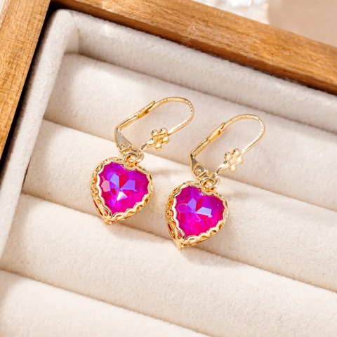 Copper Heart Rhinestone Pendant Earrings For Women Colorful Floral Leverback Earrings Elegant Exquisite Fashion Jewelry