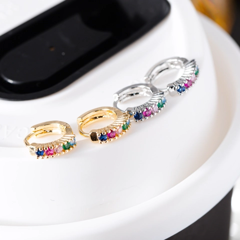 10mm Small Rainbow Zirconia Huggie Hoop Earrings For Women Copper Jewelry With 925 Sterling Silver Post Gold Silver