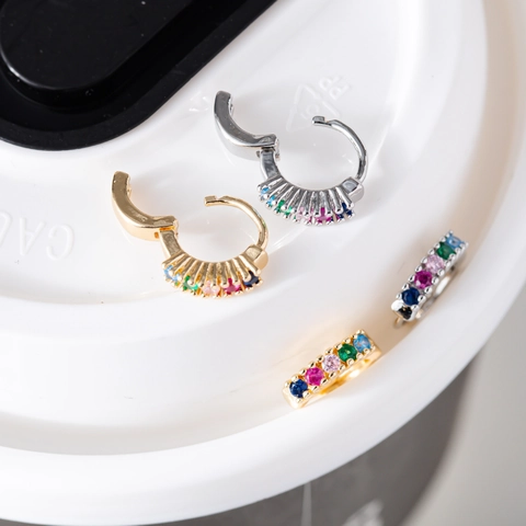 10mm Small Rainbow Zirconia Huggie Hoop Earrings For Women Copper Jewelry With 925 Sterling Silver Post Gold Silver