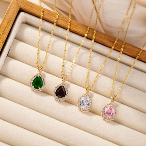 Pear Shaped Zirconia Pendant Necklace For Women Gold Plated Stainless Steel Halo Water Drop Elegant Wedding Party Jewelry