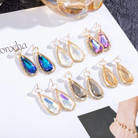 Vintage Copper Water Drop Earrings For Women Elegant Champagne Blue AB Color Rhinestone Crystal Stud Earrings Fashion Jewelry