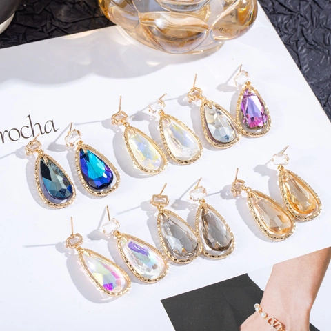 Vintage Copper Water Drop Earrings For Women Elegant Champagne Blue AB Color Rhinestone Crystal Stud Earrings Fashion Jewelry