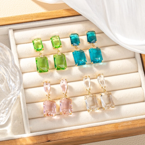 Luxury Geometric Square Rhinestone Drop Earrings For Women Elegant Copper Electroplated Crystal Dangle Earrings Jewelry