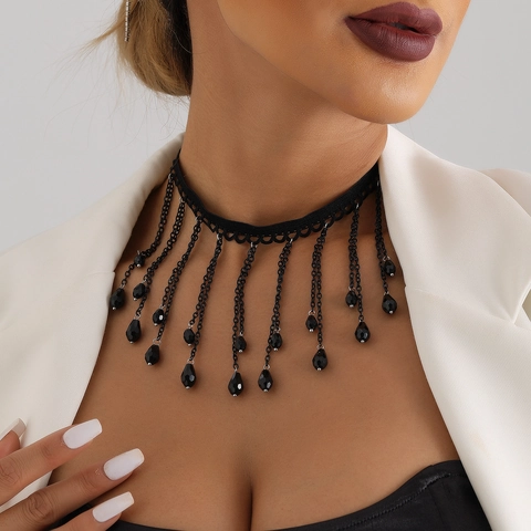 Gothic Black Lace Choker Necklace With Alloy Chain Teardrop Fringe Rhinestone Pendant Vintage Lolita Jewelry For Women