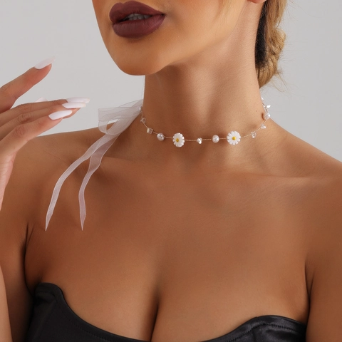 Gold Legierung Kropfband Halskette Weiß Gänseblümchen Künstliche Perle Strass Band Schleife Für Damen Hochzeit Brautschmuck Geschenk