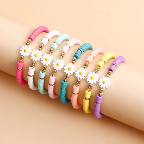 Handmade Polymer Clay Heishi Bead Bracelet For Women Colorful Daisy Flower Charm Bohemian Beach Summer Jewelry Gift