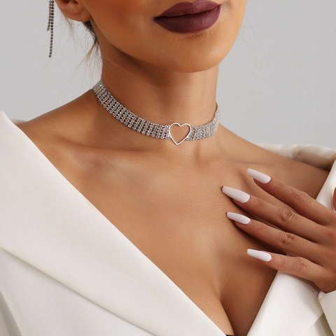 Alloy Rhinestone Heart Choker Necklace For Women Multilayer Sparkling Claw Chain Statement Jewelry Elegant Party Accessory