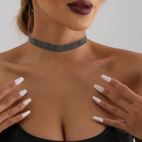 Μόδα Κράμα Μαύρο Στρας Choker Κολιέ Πολυστρωματικό Γοτθικό Συμπόσιο Κοσμήματα Για Γυναίκες Ρυθμιζόμενο Περιλαίμιο Δώρο
