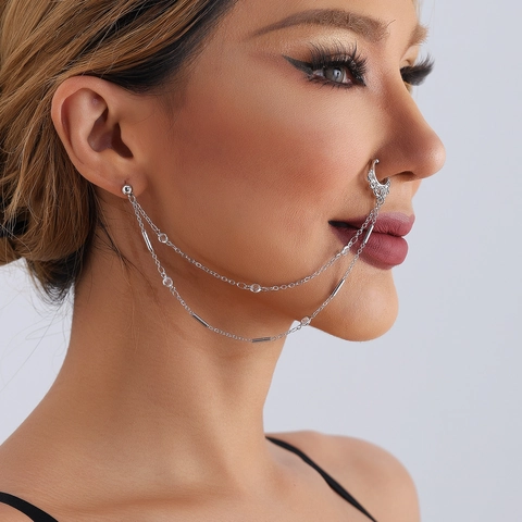 Bohemian Ethnic Style Nose Ring To Ear Chain Silver Metal Rhinestone Double Layer Tassel Nose Chain For Women Body Jewelry