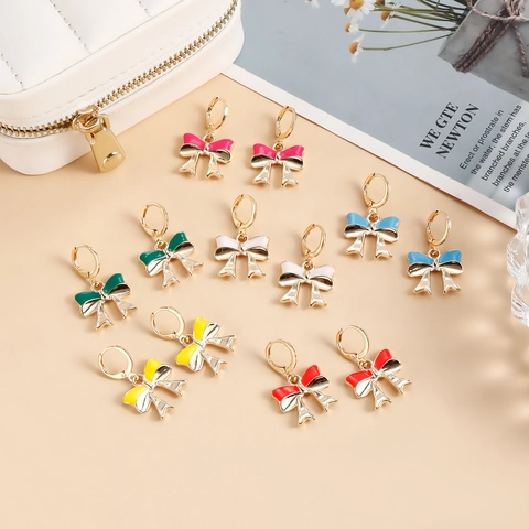 Fashion Alloy Colorful Enamel Bowknot Drop Earrings For Women Sweet Gold Plated Bow Hoop Earrings Jewelry Gift