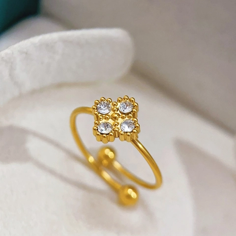 Lucky Clover Zircon Stainless Steel Open Ring For Women Vintage Gold Plated Flower Adjustable Fashion Jewelry Finger Ring